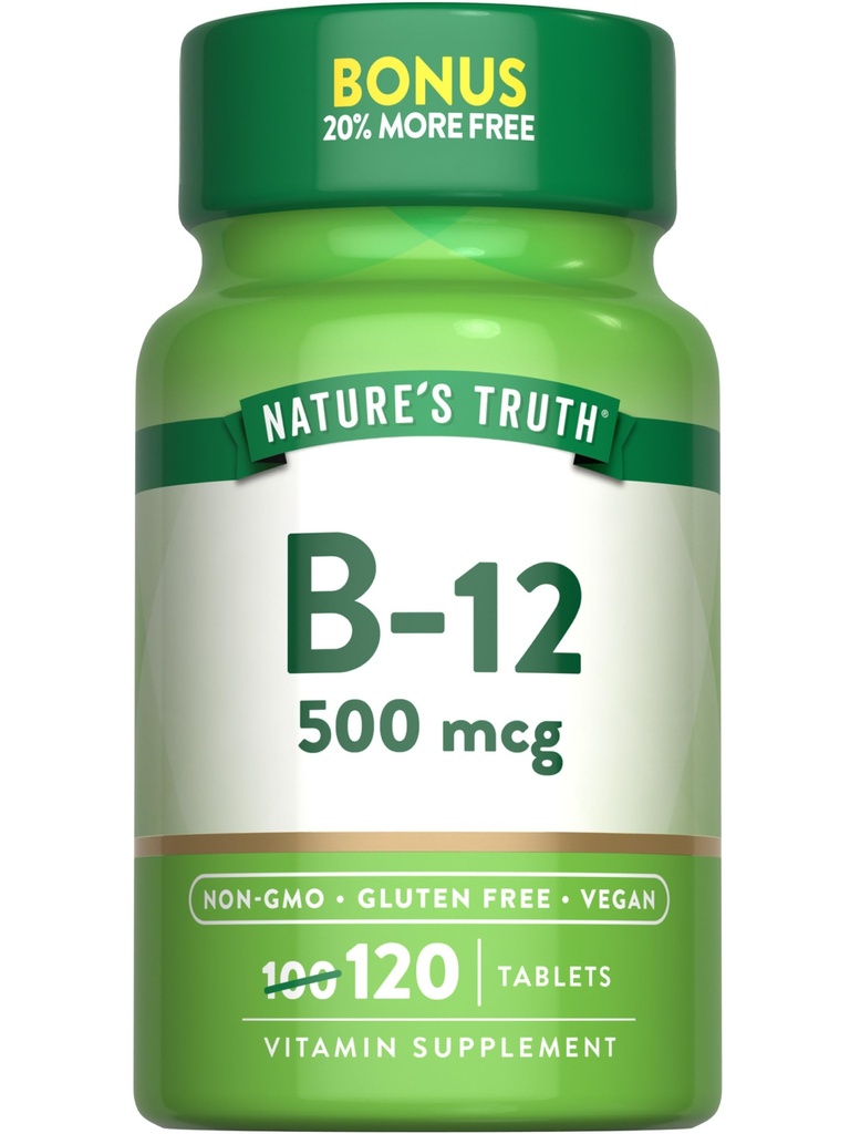 자연의 진실 B12 비타민 | 500 mcg | 120 정제 | Vegan, Non-GMO & 글루텐 무료 보충