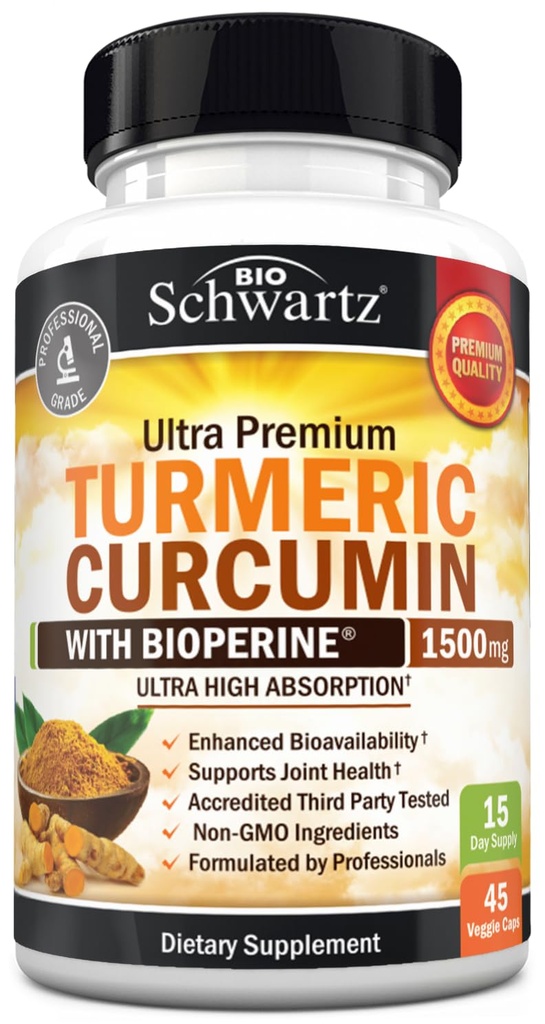 까만 고추 추출물 1500mg를 가진 심황 쿠르쿠민 - 95% Curcuminoids와 BioPerine를 가진 높은 흡수 매우 유력한 심황 보충교재 - 합동 지원을 위한 비 GMO Tumeric 캡슐 - 45의 캡슐