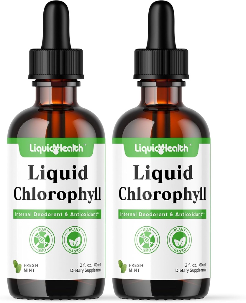 액체 클로로필 하락 - 내부 탈취제, 산화 방지제, 간결 Detox, 면역 지원, 나쁜 숨구멍을 구호, 머리 & 피부 건강을 위한 교원질을 감소시키십시오 - Vegan, 비 GMO (2 팩)