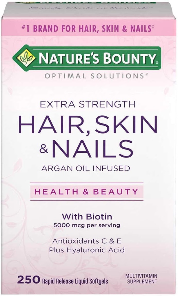 Nature 's Bounty Hair Skin and Nails 5000 mcg of Biotin - 250 코팅 정제 일반 및 추가 강도 (Extra Strength, 250 Softgels 각각 2 병)