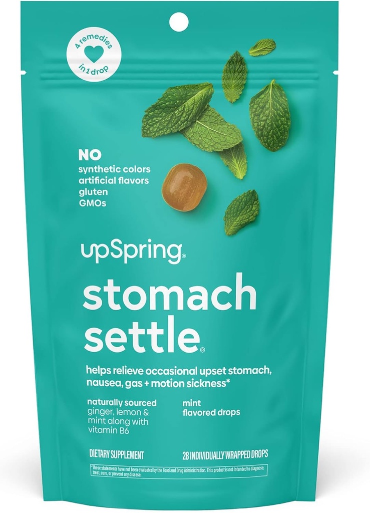 UpSpring Stomach는 Ginger, Lemon, Spearmint 및 B6를 가진 Occasional Nausea Relief/Upset Stomach를 위한 하락을 기울입니다. 최소한도 풍미 하락, 28 Ct (포장 May Vary)