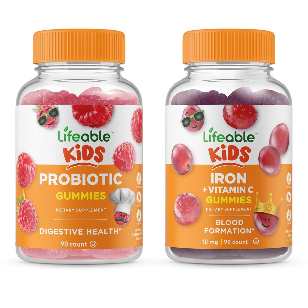 Lifeable Probiotic 2 억 CFU Kids + Iron & Vitamin C Kids, Gummies Bundle - 훌륭한 타스팅, 비타민 보충, 글루텐 무료, GMO 무료, Chewable Gummy