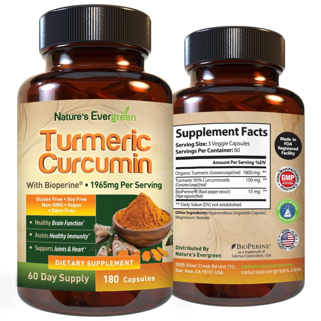 Black Pepper Extract (Bioperine) 및 Organic Turmeric Vegan Joint Support Supplement가있는 Turmeric Curcumin. 건강한 합동 & 면역 지원을 위한 95% Curcuminoids 1965mg 보충교재를 추출하십시오. 180 캡슐