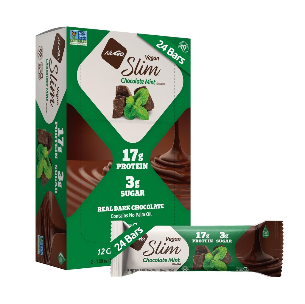 Nugo 슬림 다크 초콜릿 민트, 18g Vegan Protein, 3g Sugar, 6g Fiber, 저소형 카브, Keto Friendly, 글루텐 무료, 24 카운트