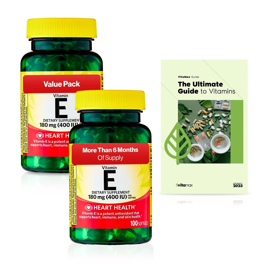 스프링 밸리 비타민 E 심장 건강 규정 식 보충교재 Softgels, 180 mg (400 IU), 200 조사, 2-Pack + 독점적 인 VitaMax 비타민 가이드 (3 항목)