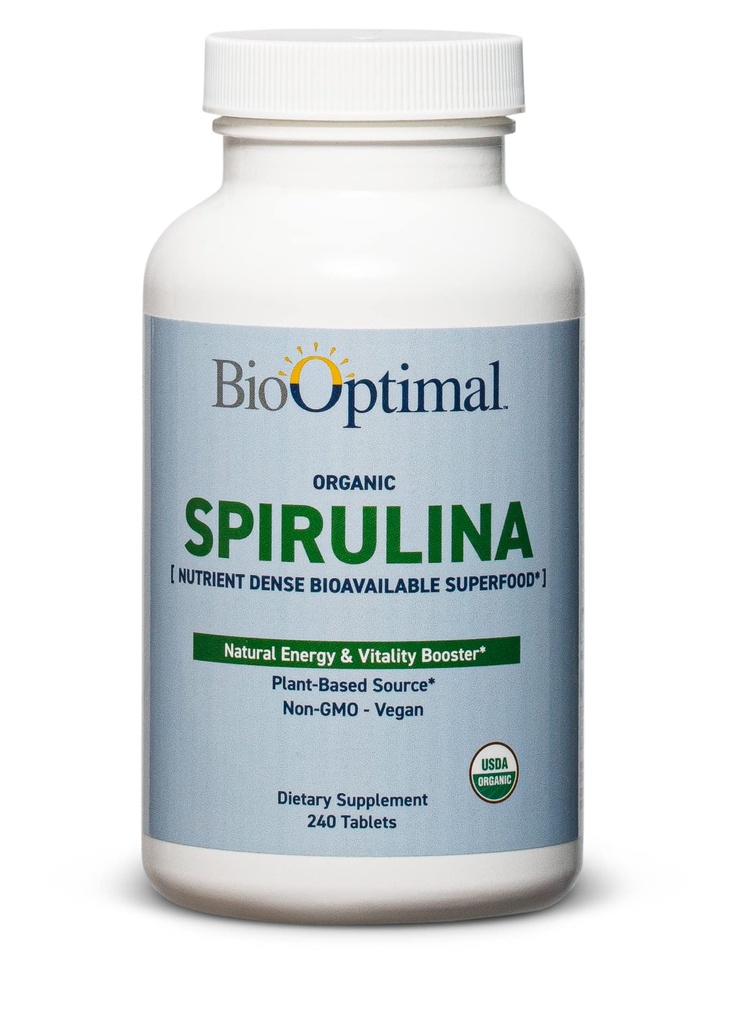 BioOptimal 유기 Spirulina 정제 - 유기, 비 GMO, 첨가제 또는 필러 없음 - 비타민, 미네랄 및 산화 방지제 (240 정제)와 500mg 프리미엄 품질 규정 식 보충교재