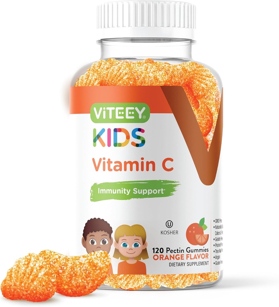 Viteey Kids Vitamin C Gummies - 아이, 유아 및 청소년을위한 면역 지원 - Vegan, 젤라틴 무료, 글루텐 무료, GMO 무료 - 맛있는 Chewable Orange flavored Immunity Gummy