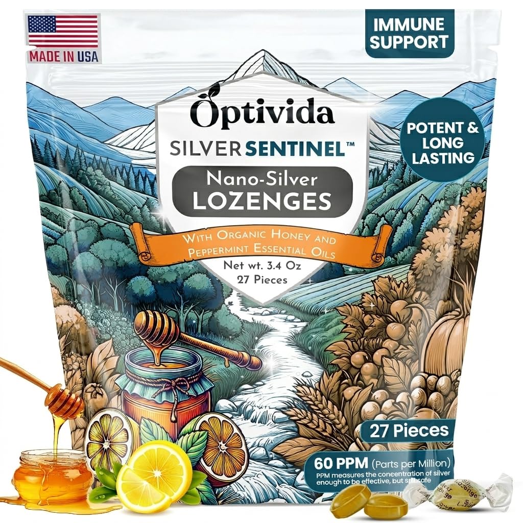 OPTIVIDA 건강 콜로이드 실버 루젠지 허니 & 레몬 오일 (1 팩) - Cough Relief & Fast-Acting Nano Silver Formula for Immune Support, 60 Ppm