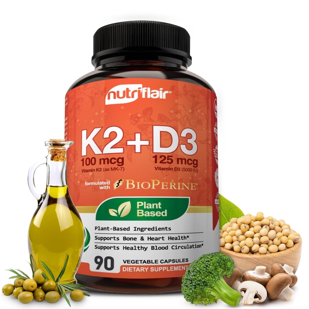 NutriFlair 비타민 D3 (5000iu/125mcg) + K2 (Mk7로) - 식물 기반 성분 플러스 BioPerine 검정 고추 추출물, 90 캡슐 - 건강한 면역, 심장 및 건강 지원 - 비 GMO 알약
