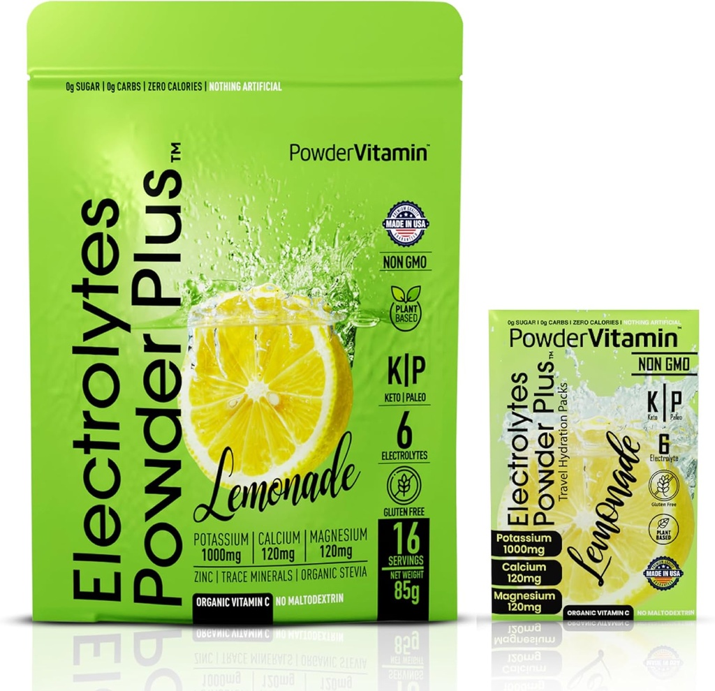 PowderVitamin Electrolytes Powder Plus, Keto, Lemonade, Sugar Free, Pink Himalayan Salt, 1000mg 칼륨, 120mg 칼슘, 120mg 마그네슘, 비 GMO, Zero Calories, (16 히드라 션 패킷)