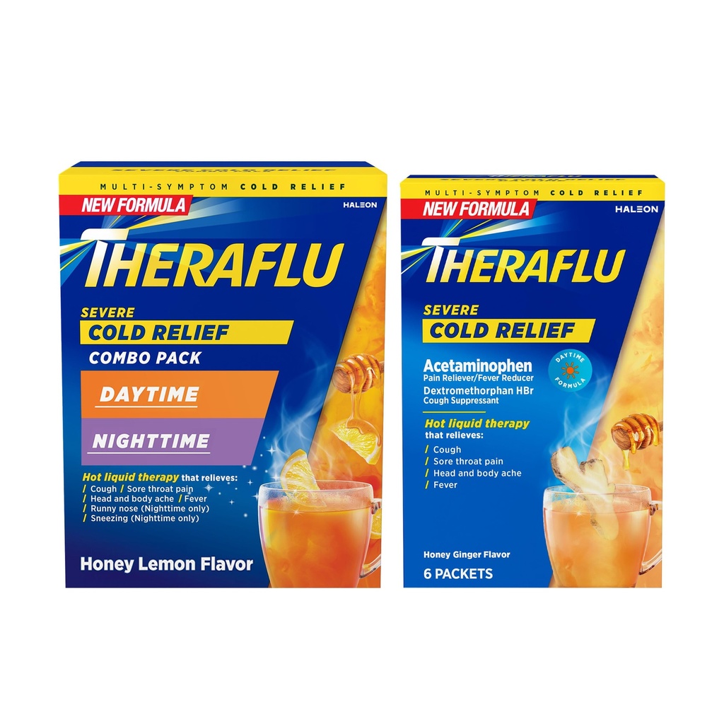 Theraflu Severe 찬 기복 뜨거운 액체 분말 결합: 12ct 주간/밤 꿀 레몬 맛 + 6ct 주간 꿀 생강 풍미