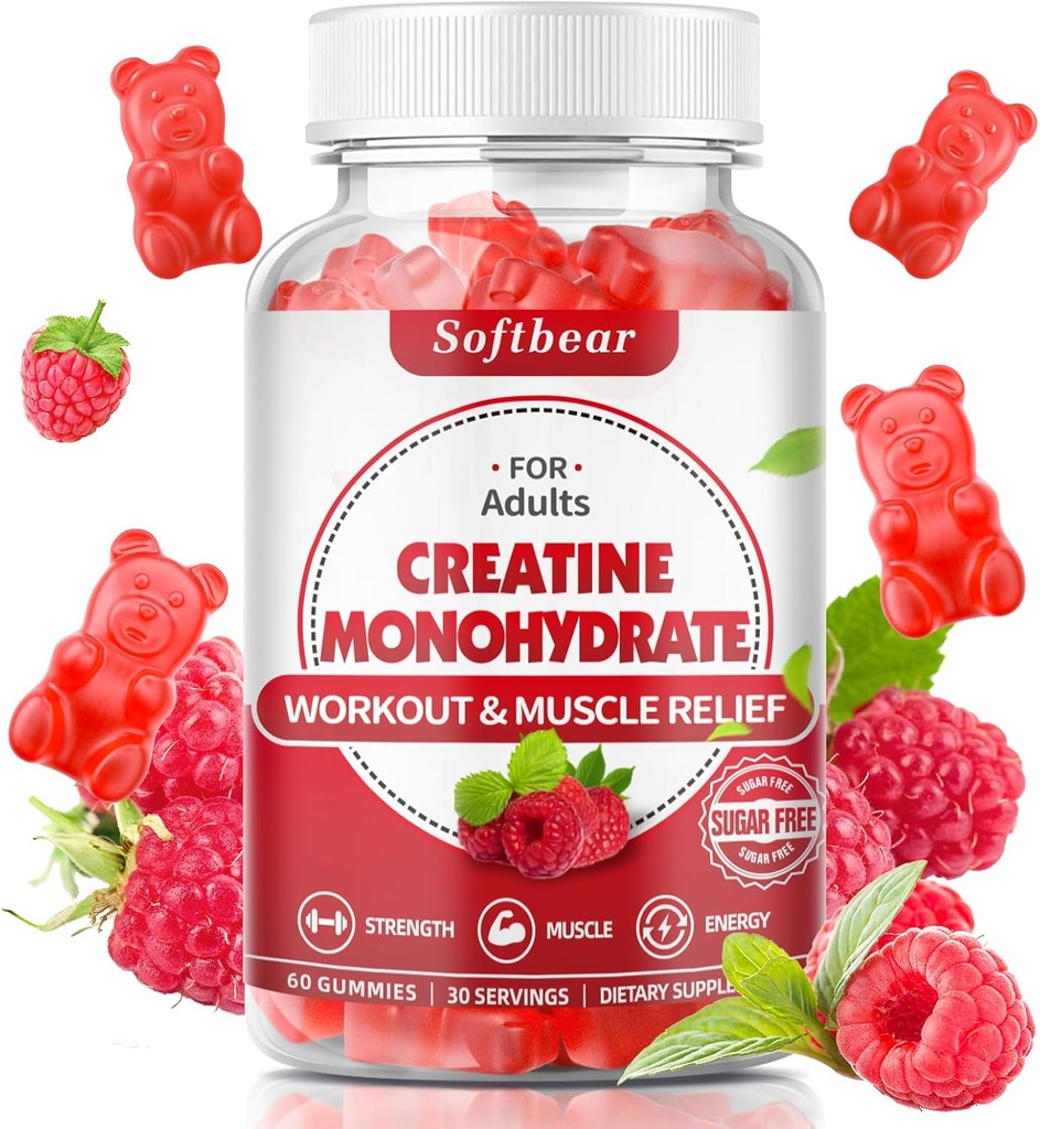 남자 여자를 위한 softbear Creatine Monohydrate Gummies, Vegan Creatine 보충교재 5000mg Creatine HCL 근육 빌더 힘 나무 딸기 풍미 60 조사를 위한 전 운동 Gummies