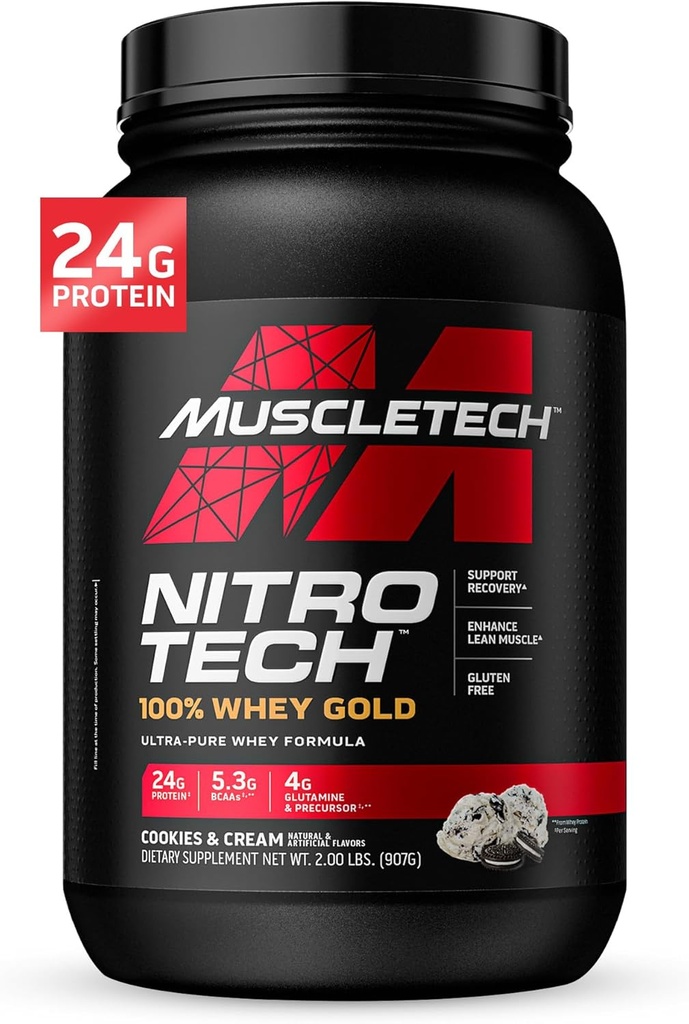 MuscleTech Whey Protein Powder, Nitro-Tech Whey Gold Protein Powder, Whey Protein Isolate Smoothie Mix, 여성 및 남성, 쿠키 및 크림, 2 lb (28 인분) - 패키지는 다를 수 있습니다.