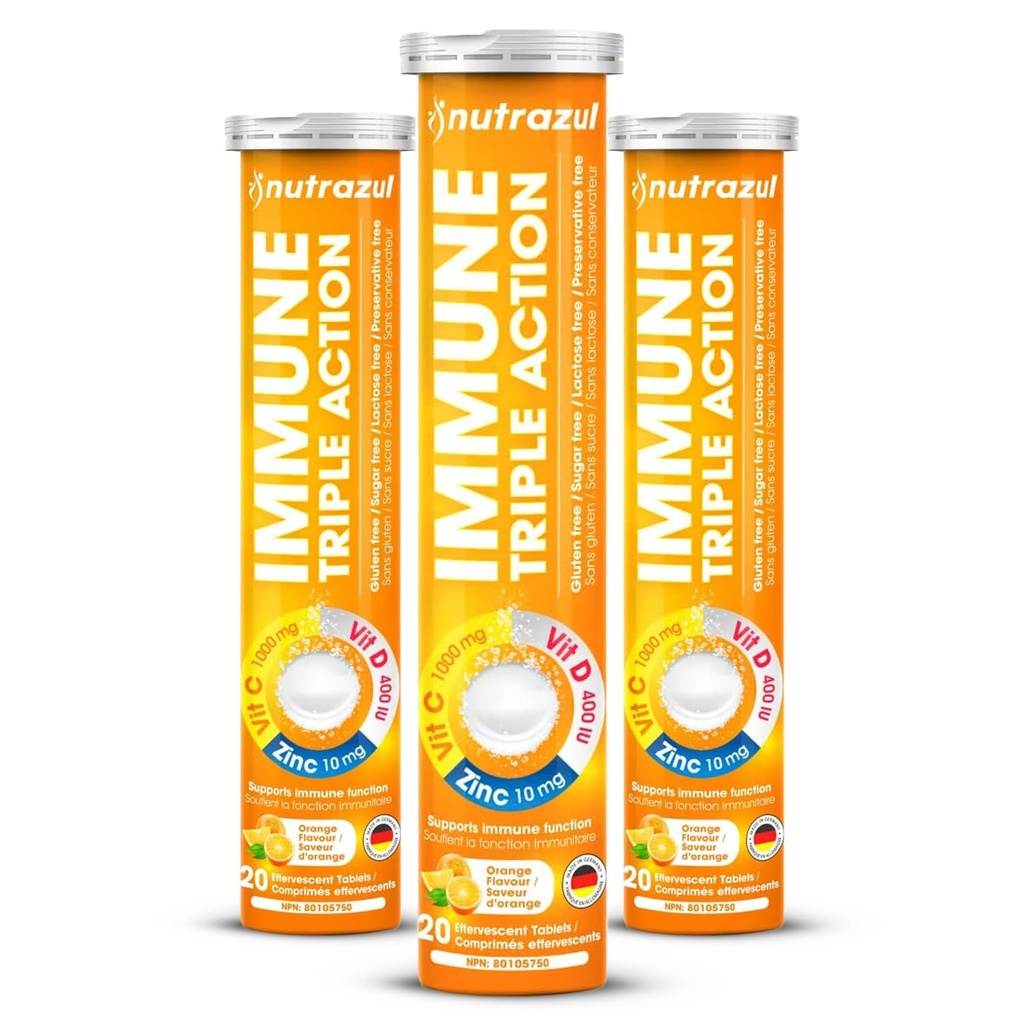 Vitaminrazul Immune Triple Action Effervescent Tablets with Vitamin C 1000mg, 비타민 D, 아연, 일일 루틴 지원, 글루텐 무료, 설탕 무료, 락토스 무료, 오렌지 맛, 20 정제, (포장 3)