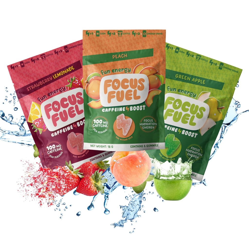 FocusFuel Energy Chews - 시험 크기 다양성 샘플 팩 (9 서빙) - 100mg 카페인 + 알파 GPC + L-Theanine + B12, 마그네슘 - 복숭아, 녹색 애플, 딸기 레몬 맛 - 충돌이나 지터 없음