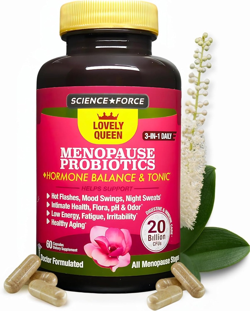 Lovely Menopause 보충교재 + 호르몬 균형 + 무게 관리, 뜨거운 섬광, 무드 그네, 질 건강 & 건조 | 검정 코호시, Dong Quai, Ashwagandha + Probiotics, 여성 보충교재, 60 ct