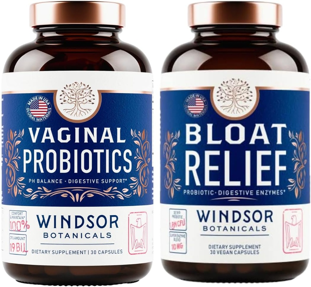 WINDSOR BOTANICALS Bloat Relief Probiotic with Enzymes and Vaginal Probiotics - 소화 및 질 건강 번들