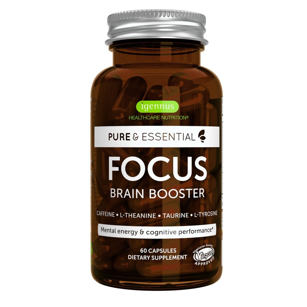 Igennus 초점 - 200mg 자연적인 카페인, 메틸을 입힌 B 비타민, L-Theanine, Taurine, L-Tyrosine, 청결한 에너지, 뇌 승압기 & Cognitive 성과, 비 Jittery, 60의 캡슐을 가진 Nootropic