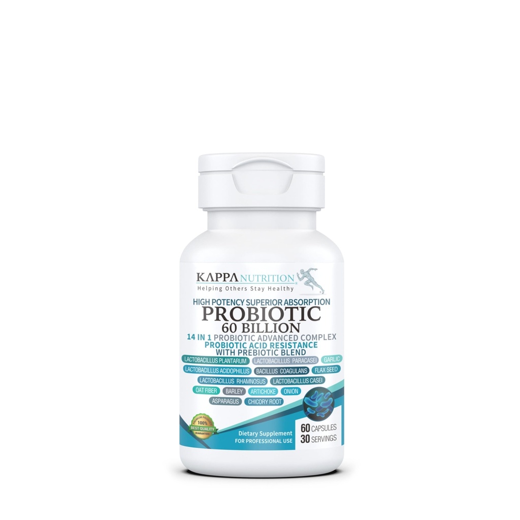KAPPA NUTRITION Probiotic 60 Billion CFU 14 in 1 Formula with Prebiotics & Acidophilus for Women, Men & Adults, 선반 안정, 내산성, 천연 보충 60 캡슐.