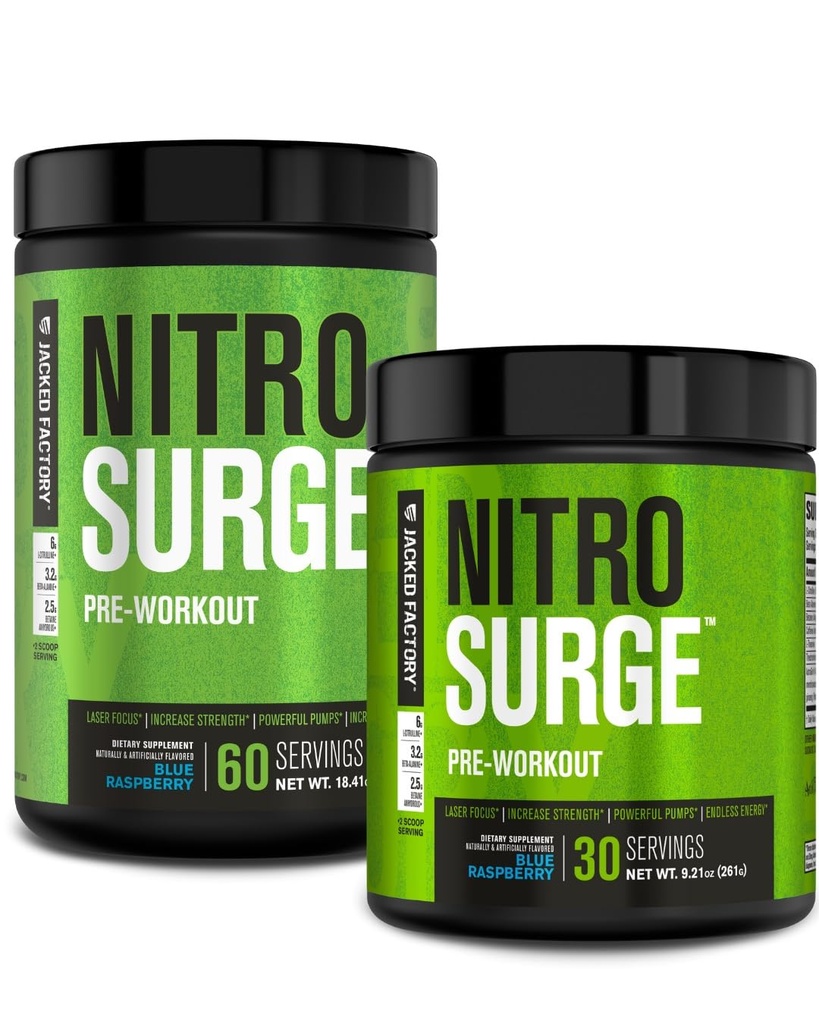 Jacked Factory NITROSURGE Pre Workout 보충교재 - 에너지 부스터, 즉시 힘 이익, 명확한 초점 & 강렬한 펌프 - NO 부스터 & 강력한 Preworkout 에너지 분말 - 90의 서빙, 파란 나무 딸기