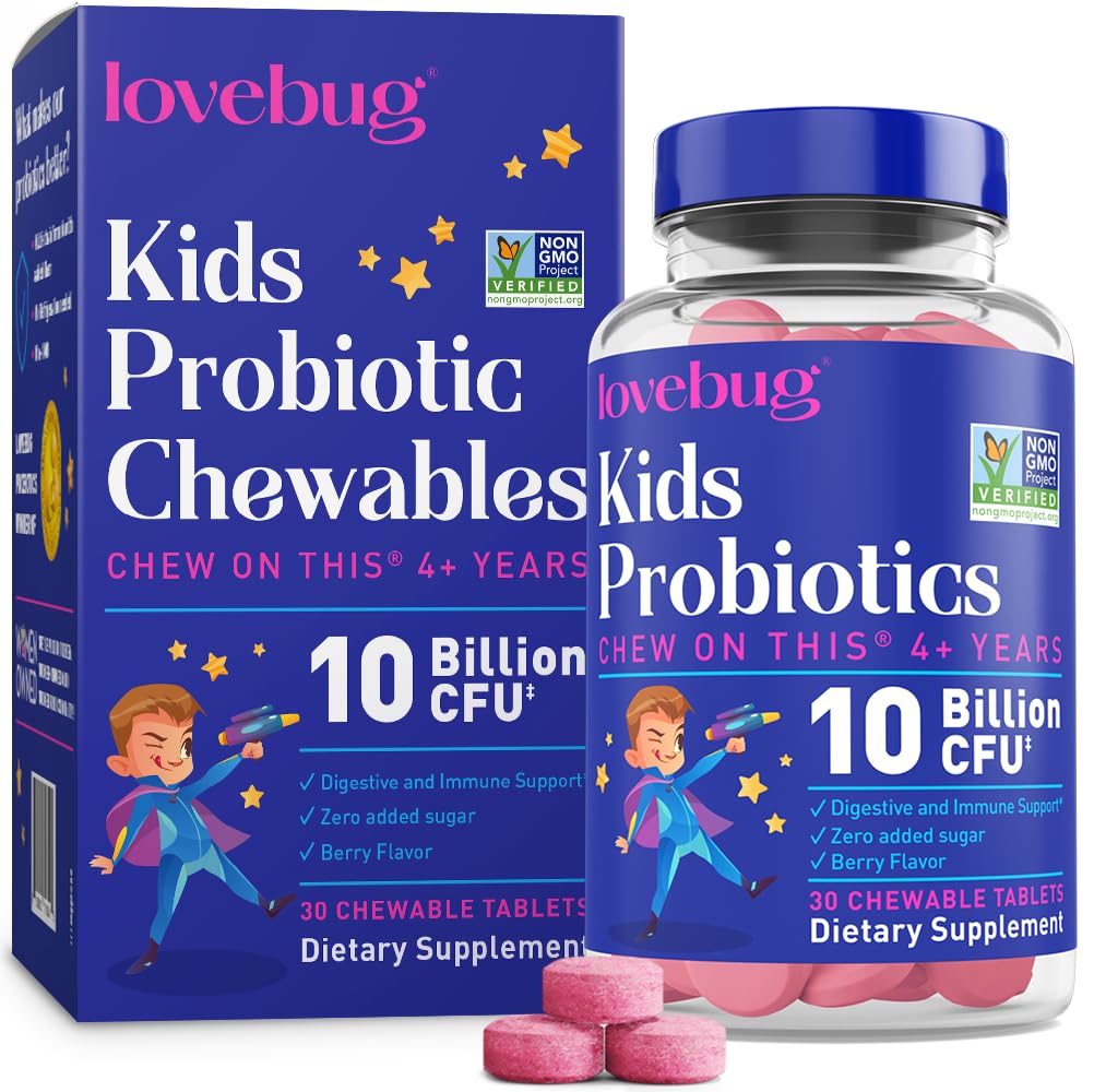 아이를 위한 LOVEBUG Probiotics – 나이 4를 위한 Prebiotic 섬유를 가진 Probiotic Chewables, 매일 아이들의 Gut 건강 & 소화 지원 보충교재, 설탕 자유로운 베리 풍미, 30 조사