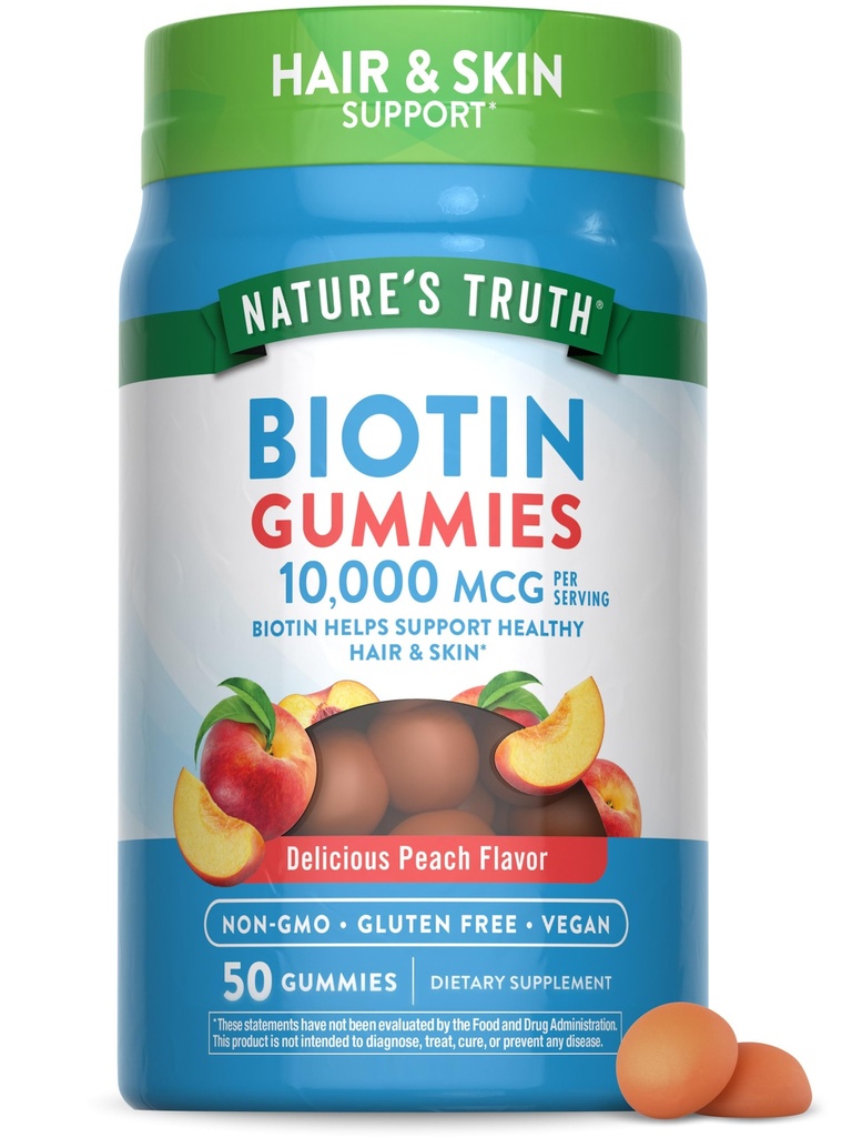 자연의 진실 Biotin Gummies | 10000mcg | 50 개 | Vegan, Non-GMO & Gluten Free Supplement | 복숭아 맛