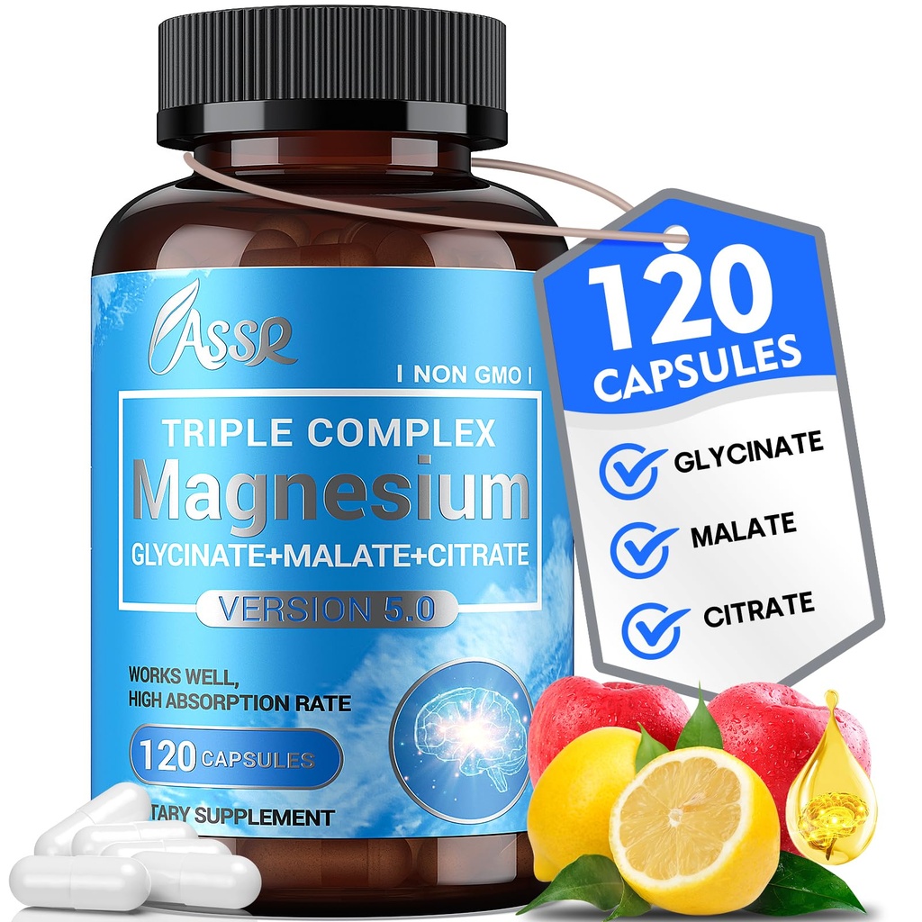 ASSR Triple Magnesium Complex - 300mg 마그네슘 보충제, 글리세린 및 시트레이트 - 지원 Relaxation, 근육 및 Nerve 기능 - 높은 흡수, Vegan, Non-GMO, 120 캡슐