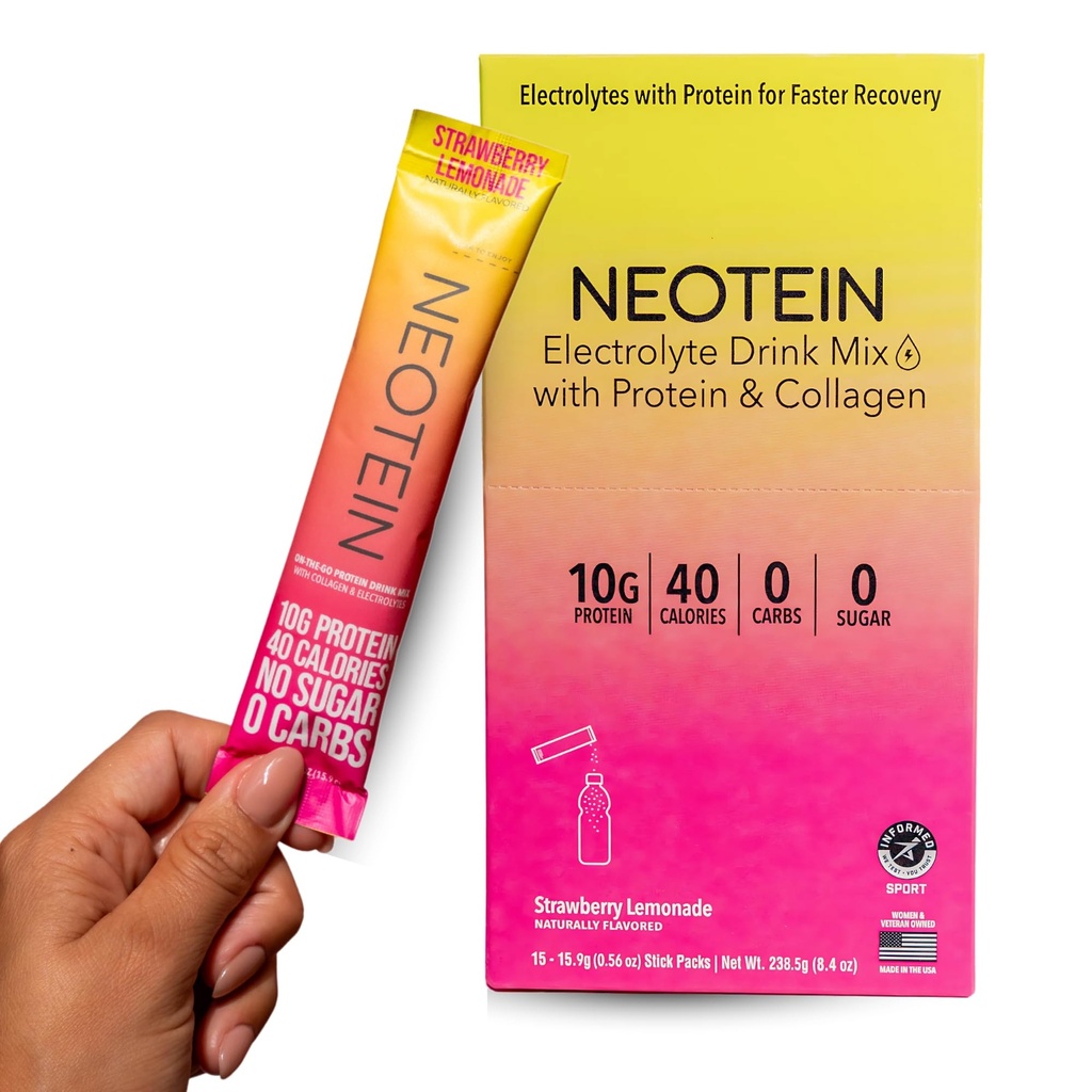 NEOTEIN : 전해질 분말 패킷, 10g Protein & Collagen의 단백질 분말 | Hydration Packets - Zero Sugar, NO Fillers, NO Carbs | Strawberry Lemonade | 40 Calories | Keto & Paleo | 15개 팩