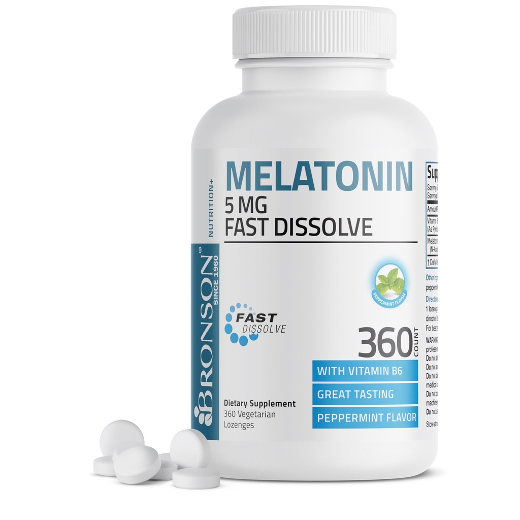 Bronson Melatonin 5mg는 비타민 B6를 가진 Peppermint 정제를 녹습니다 - Relaxation, 360 채식주의자 Chewable Lozenges를 승진시킵니다