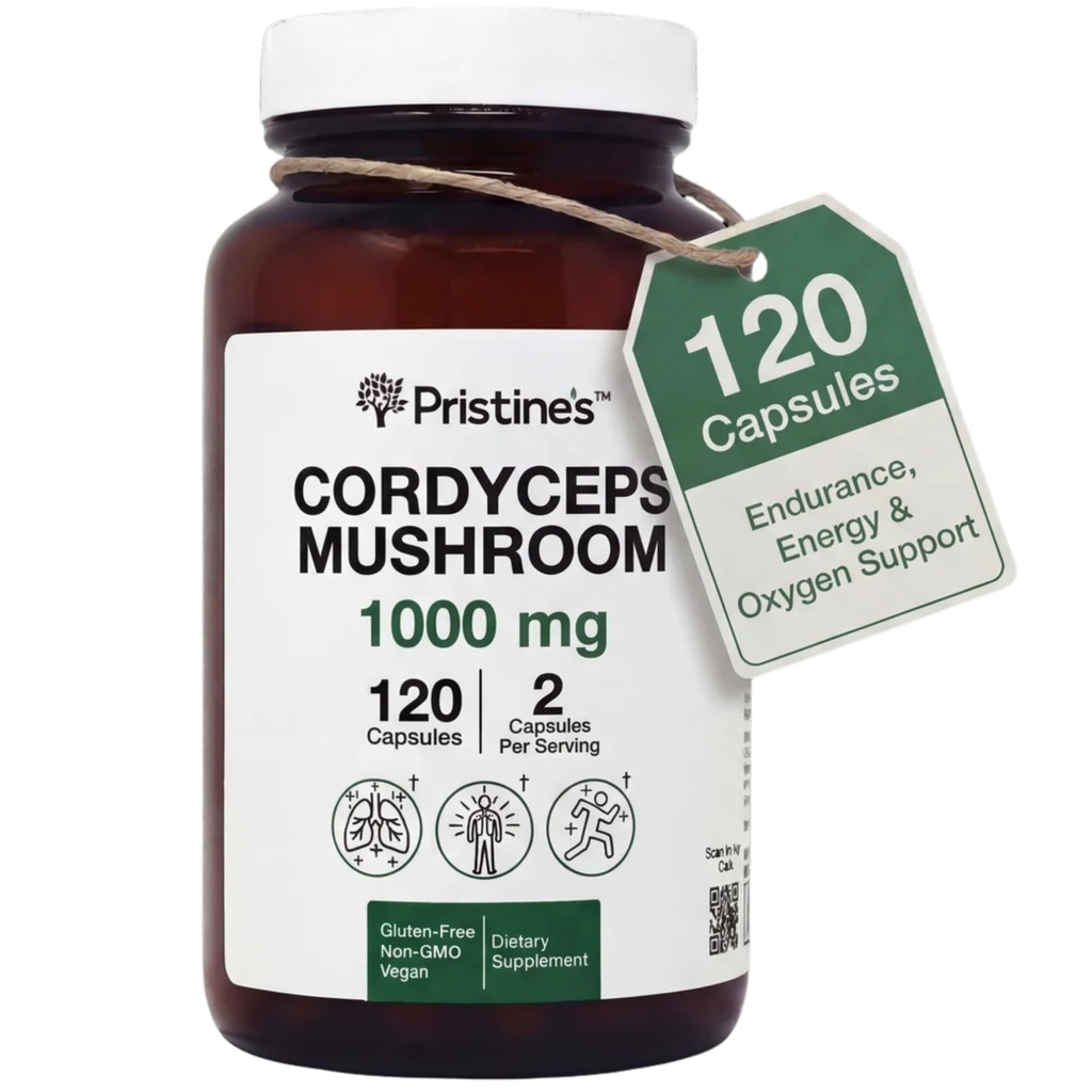PRISTINE'S Cordyceps 버섯 캡슐 - 60 일 공급 1000 MG - Athletic 성과, 내구시간 & Immunity Adaptogen 보충교재 - 노화 방지 지원 산화 방지제