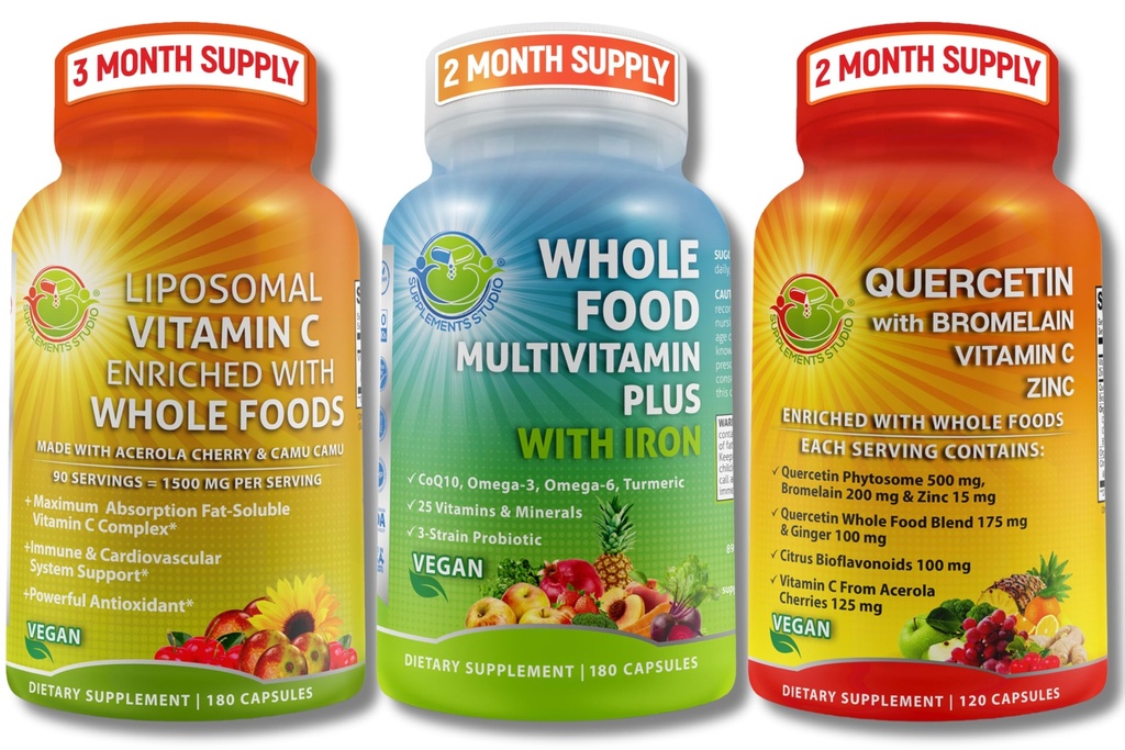 SUPPLEMENTS STUDIO Vegan Immune, 에너지 및 전체 바디 지원 번들 – 철 + Liposomal 비타민 C 1500mg + Bromelain, 아연 및 비타민 C를 가진 Quercetin를 가진 Vegan 전체적인 음식 Multivitamin – 비 GMO
