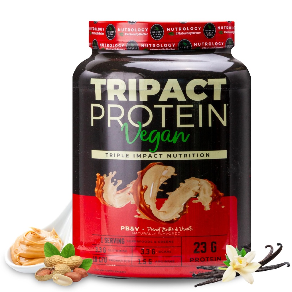 Nutrology TRIPACT Vegan Protein Powder - 유기 완두, 쌀 및 호박 단백질, BCAA & 글루타민 식물 기반 식사 보충 근육 회복 및 면역성, 땅콩 버터 & 바닐라, 20 서빙