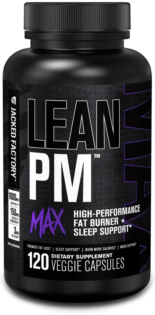 Jacked Factory Lean PM Max - High-Performance 체중 감소, 수면 지원, 뚱뚱한 가열기, & 남자와 여자 w/Melatonin, 마그네슘, Carnipure, & Ashwagandha - 120 다이어트 알약을 위한 Appetite 억제제