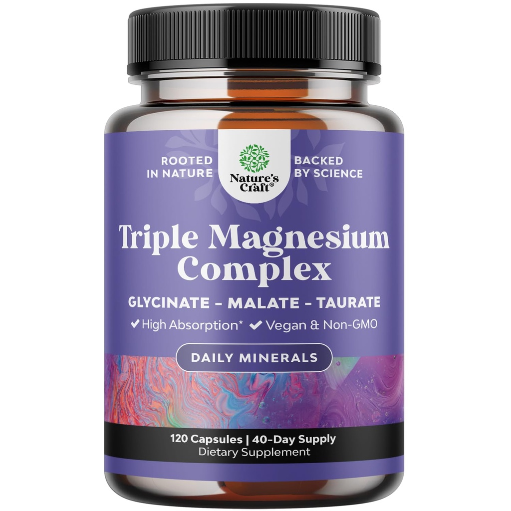 Triple Magnesium Complex 보충교재 - 근육, 에너지 지원 & 심장 건강을 위한 높은 흡수 마그네슘 글리세라이드, 말레이트 & 타우레이트 혼합 - 트리플 Mg Complex 400 mg 캡슐 - 120 조사