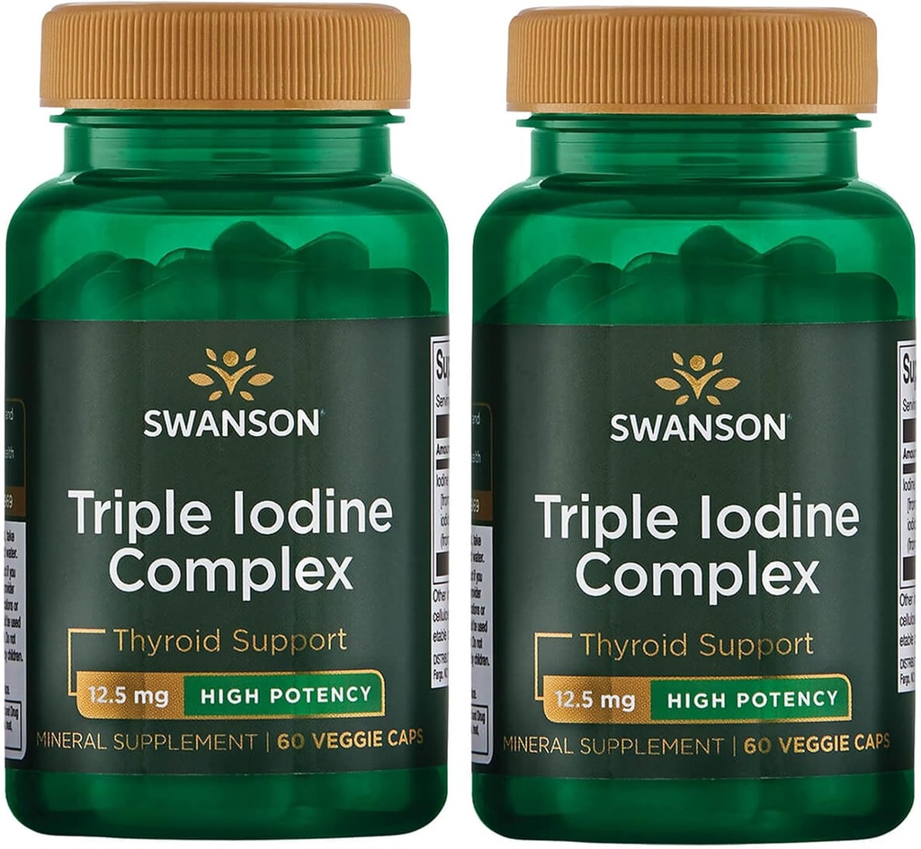 Swanson Triple Iodine Complex-Natural Supplement for Vital Thyroid Support-Promotes Metabolic Function, 증가된 빨간 혈액 세포 생산, & 심장 건강 (60 Veggie 캡슐, 12.5mg 각각) 2 팩