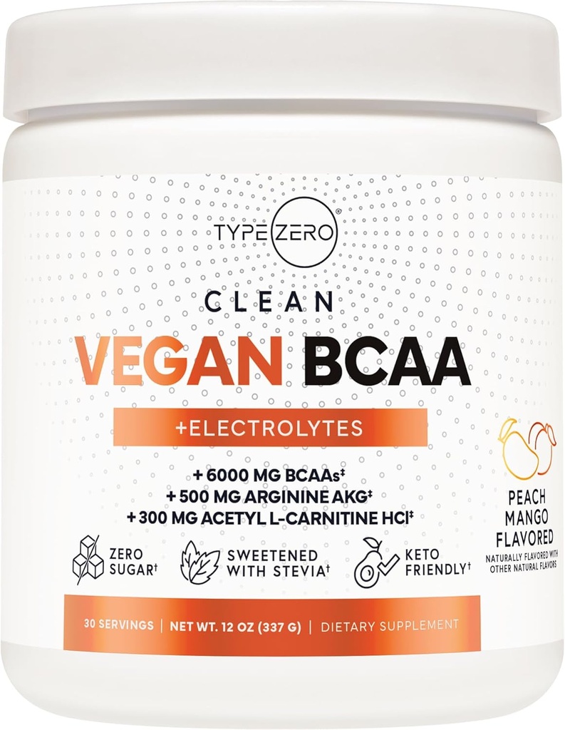 Ultra Clean Vegan BCAA Powder + Electrolytes (Peach Mango | 6G) 2 : 1 : 1 Sugar-Free / No Sucralose BCAA Amino Acids 여성 / 남성을위한 보충 - 포스트 운동 회복 음료 후 최고의 BCAA Vegan 아미노산