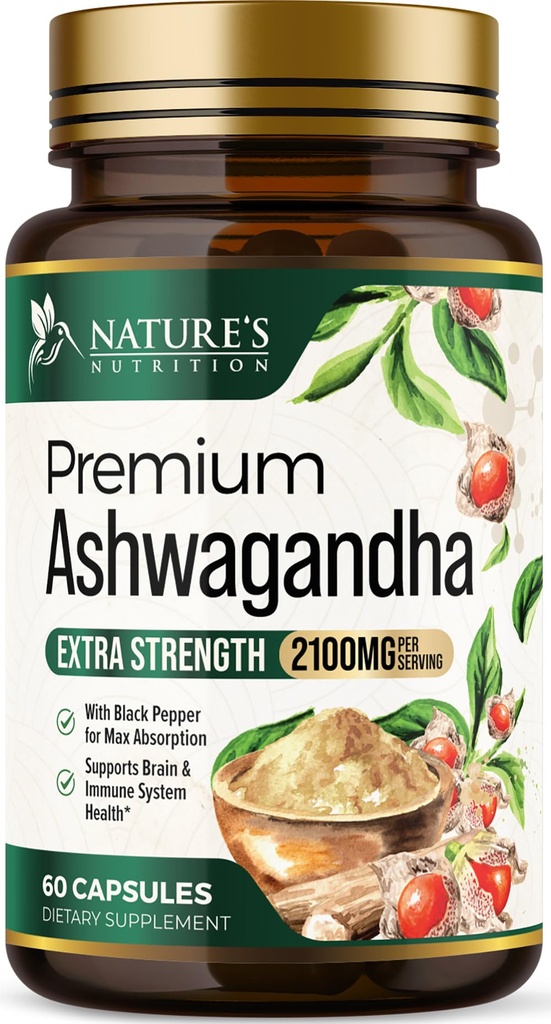 Ashwagandha 보충 교재 - 여성 & 남자를 위한 2100mg Ashwagandha 캡슐, 자연적인 산화 방지제 지원, 아스화 뿌리 추출물, 까만 고추, Vegan & 글루텐 자유로운을 가진 여분 힘 Calm 지원 - 60의 캡슐