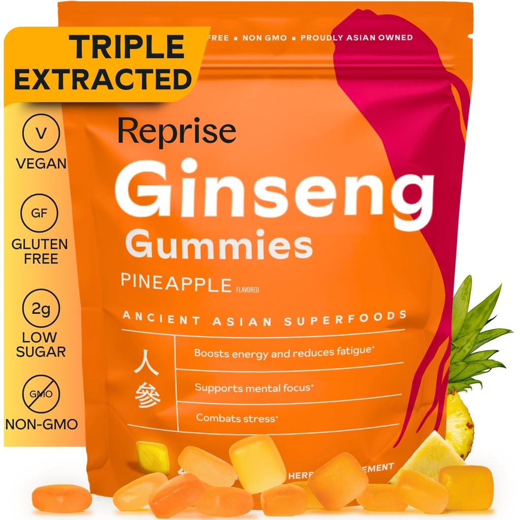 Reprise Ginseng Gummies for Adults | Korean Ginseng Supplement for Men and for Women | 240 mg Red Ginseng Gummy | Energy Gummies for Memory, and Immunity | Reduced Sugar Ginseng Chews, 45 Gummies