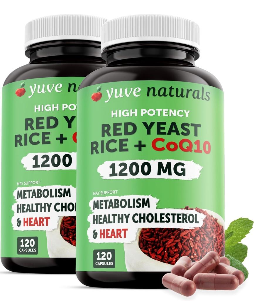 CoQ10를 가진 빨간 효모 밥 1200 mg 캡슐 - 건강한 콜레스테롤 수준, 초본 심장 건강 채식주의자 빨간 효모 밥 보충교재 - 여자 & 남자를 위한 CoQ10를 가진 빨간 밥 효모 - 120 Ct (2 팩)