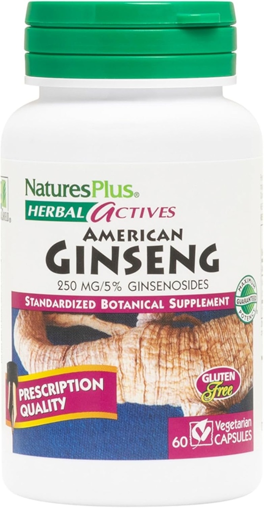 자연 플러스 허브 활성 미국 인삼 - 250 mg, 5 % 인스노사이드 - 60 Vegan 캡슐 - 글루텐 - 무료 60 서빙