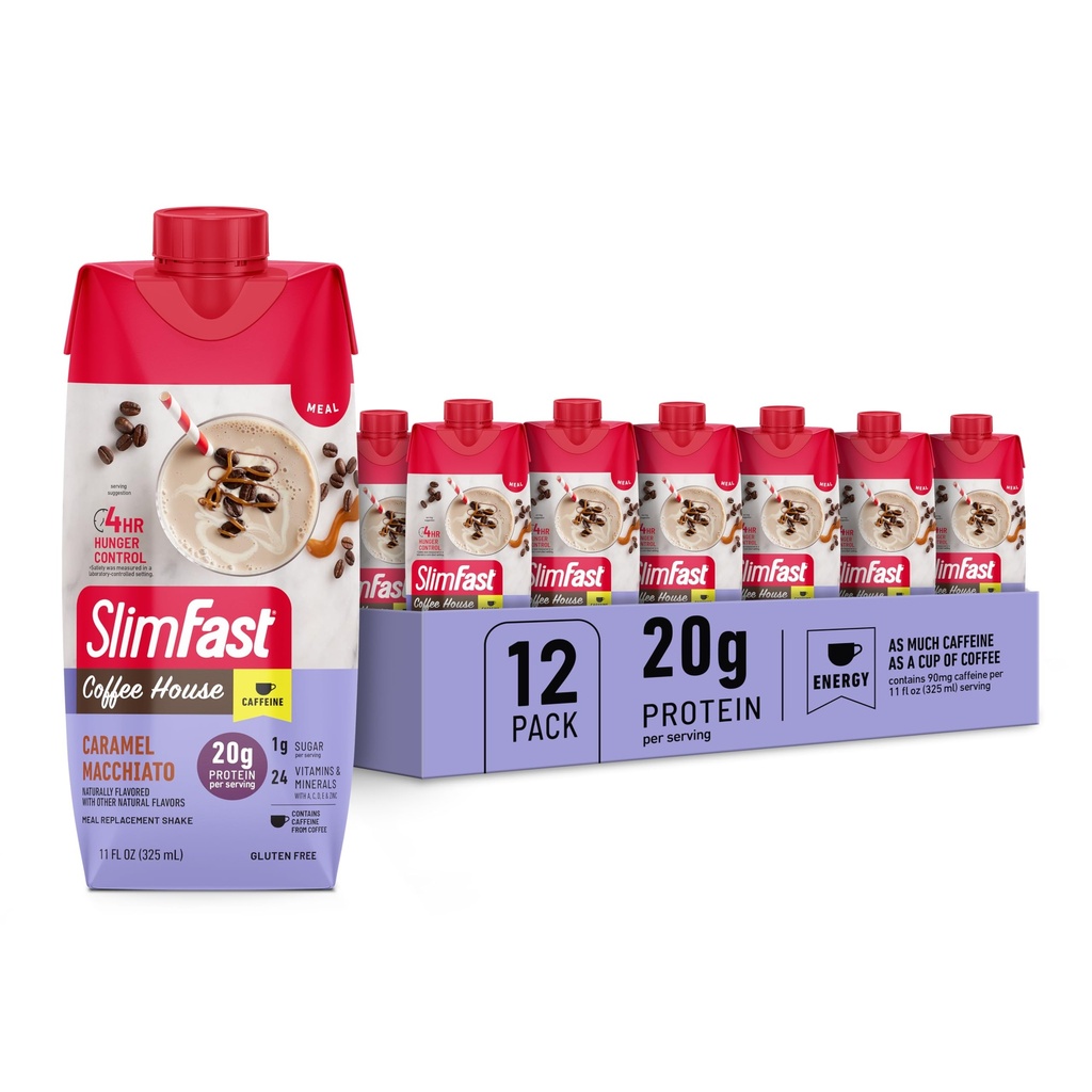 Caffeine, Caramel Macchiato- 20g Protein, Meal Replacement Shakes, Low Carb 및 Low Sugar, 24 비타민 및 미네랄이 함유 된 고단백, 12 개 (팩 1)