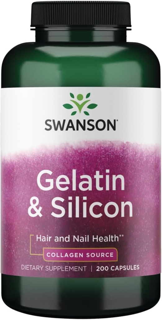 Swanson Gelatin 및 Silicon - 건강한 머리카락과 손톱을 지원하는 교원질 단백질 - 강한 손톱과 두꺼운 머리카락을위한 생생한 광물을 전달하는 데 도움이됩니다 - 20mg 실리콘 및 1.08 그램 젤라틴 - (200 캡슐)