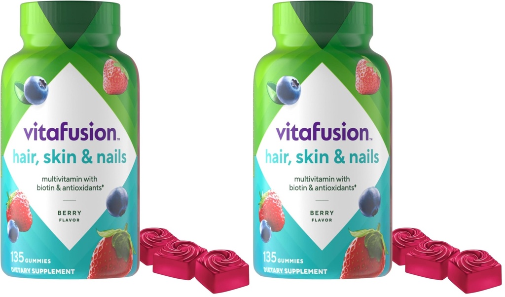 Vitafusion 화려한 머리, 피부 & 못 Multivitamin 플러스 Biotin와 산화 방지제 비타민 C&E, 라즈베리 맛, 135ct (45 일 공급), 미국 번호 하나 거미 비타민 브랜드 (팩 2)