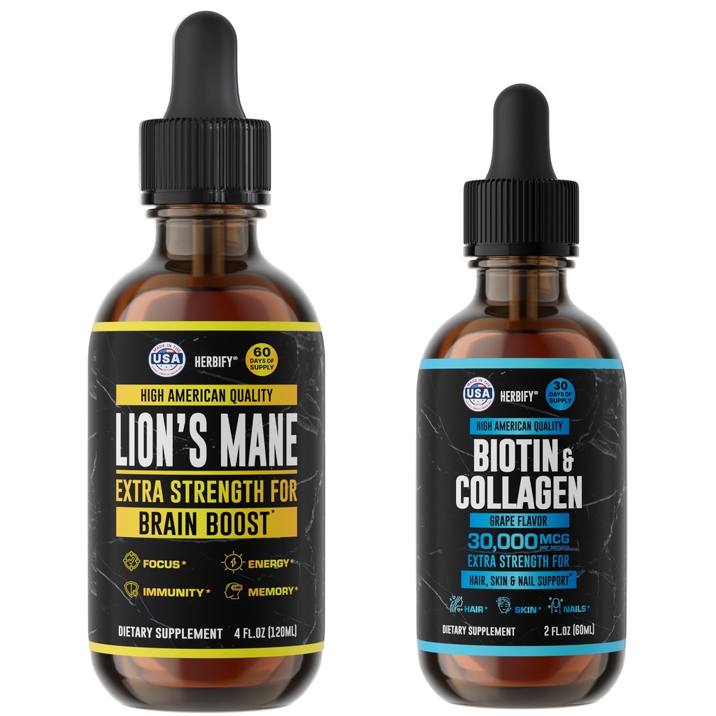 HERBIFY 번들 - 사자 Mane Drops & Biotin 및 Collagen - 두뇌, 머리, 피부 및 손톱 지원