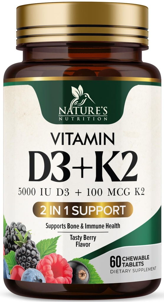 비타민 D3 K2 보충교재 | 5000 IU D3 + K2 100 mcg | 비타민 D를 가진 MK-7 K2 | Immune, 심장, 이 & 뼈 건강 지원 - Chew, VIT D3 K2, Non-GMO의 맛 - 60의 정제
