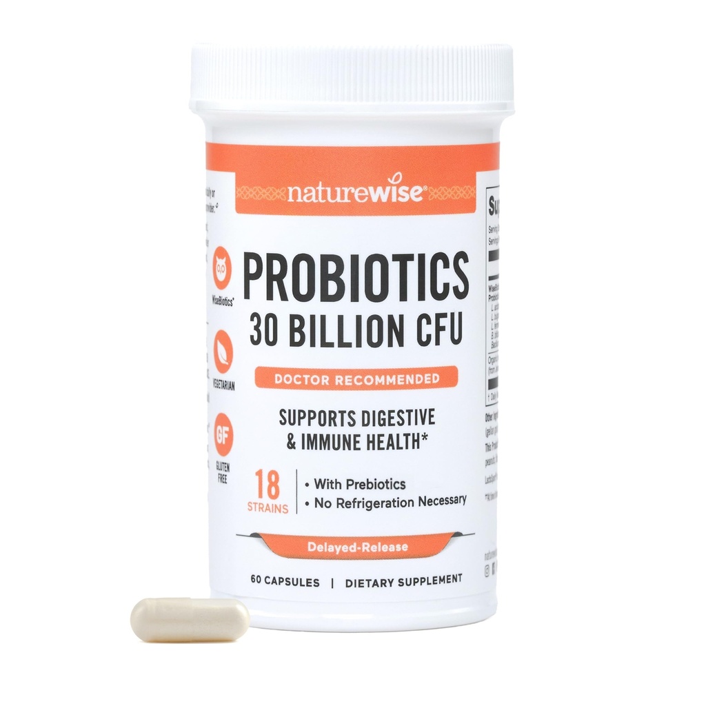 NatureWise Max Probiotics for Women & Men - Prebiotics와 30 억 CFU 18 Strains - Gut & Digestive Health - Delayed-Release 캡슐, 글루텐 무료 - 60 캡슐[2-달 공급]