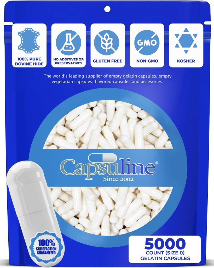 Capsuline 컬러 크기 0 빈 젤라틴 캡슐 화이트/화이트 5000 카운트 | 북미 및 남미에서 제조|Kosher & Halal 인증 | 글루텐 프리