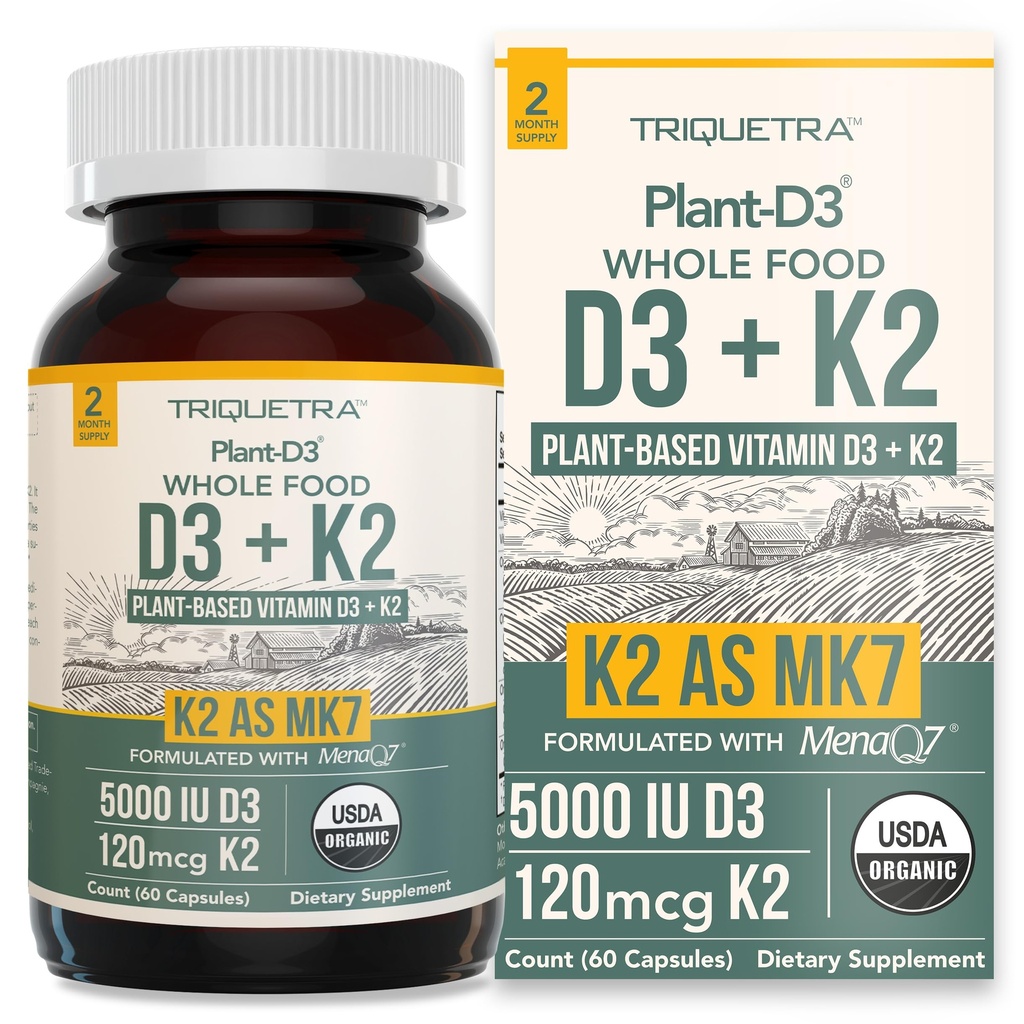유기 플랜트 D3 + K2 | 5000 iu D3 + 120 mcg K2 으로 All-Trans MK7 의 MenaQ7 ® - 100% 전체 식품, 원시 및 채건 | Prebiotic & Superfood Complex 의 소화 강화 – 유기 조류 (60 개)