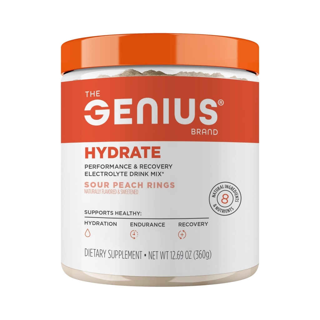 Genius 브랜드 Genius Hydrate - 매일 Hydration 용 Electrolyte 보충 - 코코넛 워터 - Sugar-Free - 8 Essential Minerals & Nutrients - Non-GMO - Sour Peach Rings - 50 서빙