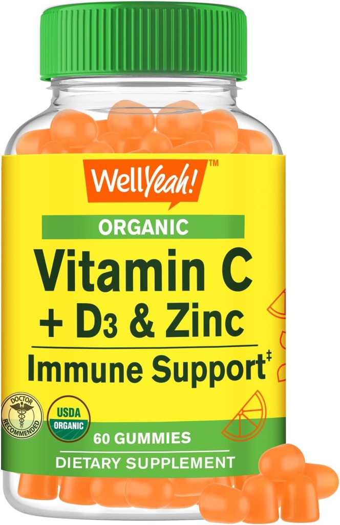 WellYeah 유기 비타민 C + D3 + 아연 Gummies - Immune Boosting, 산화 방지제 - Rich 및 뼈 건강 지원, USDA 유기, 비건 및 비 GMO - 글루텐 자유로운, 견과 자유로운 거미 - 60 조사